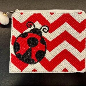 NWOT Red and White Beaded Ladybug Zip Pouch. Super cute!
